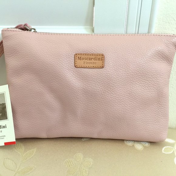 Moscardini Fienze ITALY Cosmetic Bag Pouch Wristlet Made Up Case PINK 10x7" NEW - Picture 1 of 9